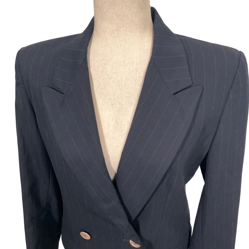 Talbots Blazer Womens 6 Navy Pinstripe Double Breasted Power Jacket Wool USA